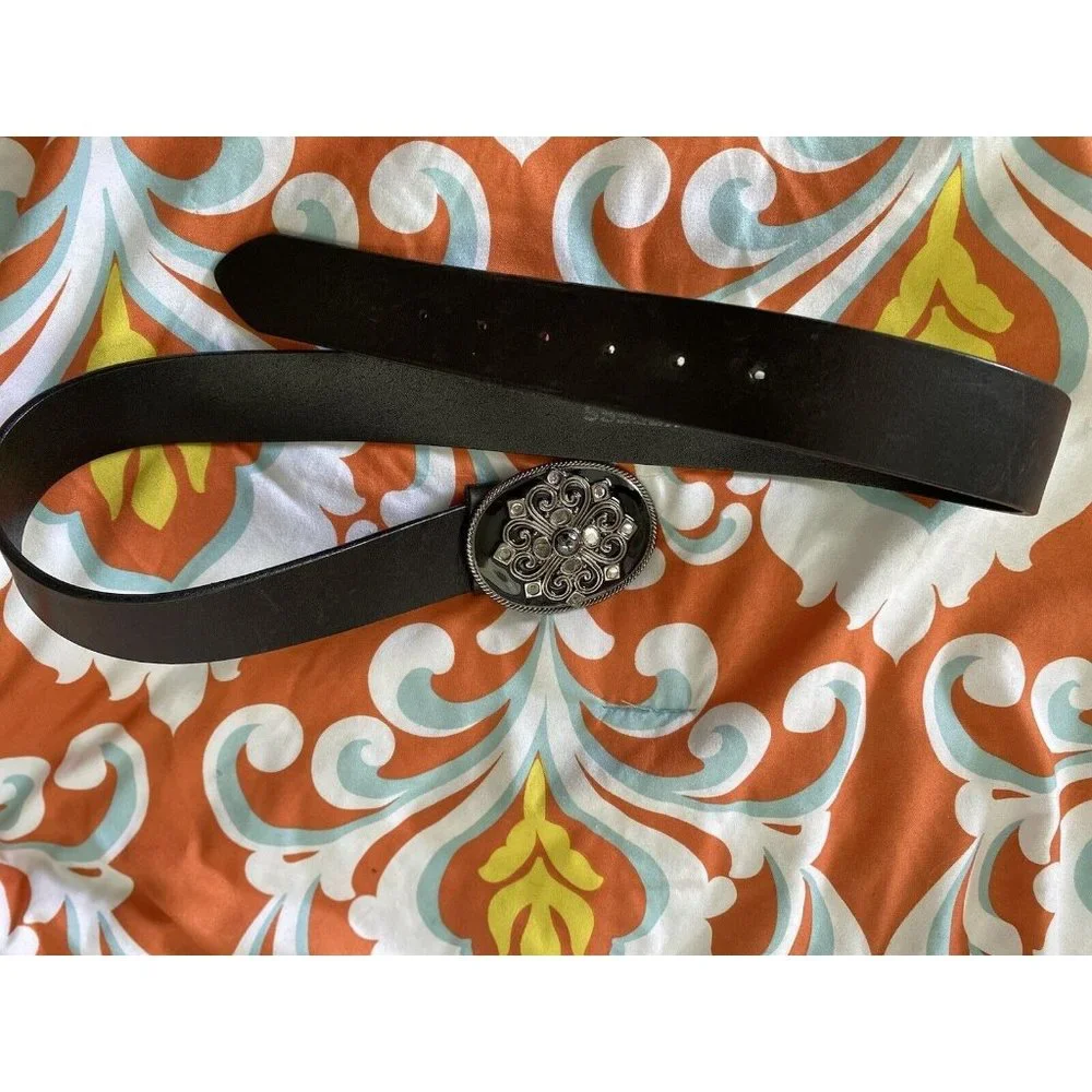 Vintage Express Wide Black Leather Belt Large Buckle Enamel Rhinestones‎ Medium